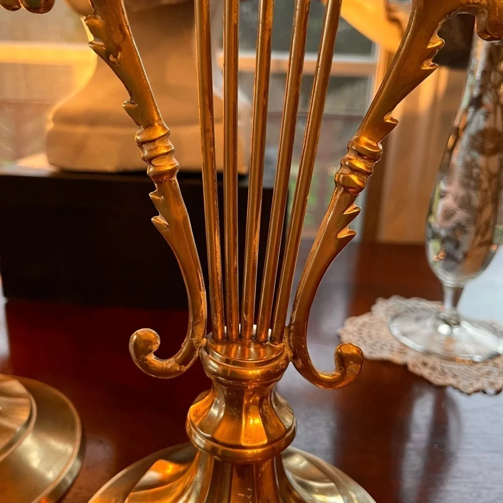 Pair of Lyre Shaped Brass Candle Holders 10-1/8